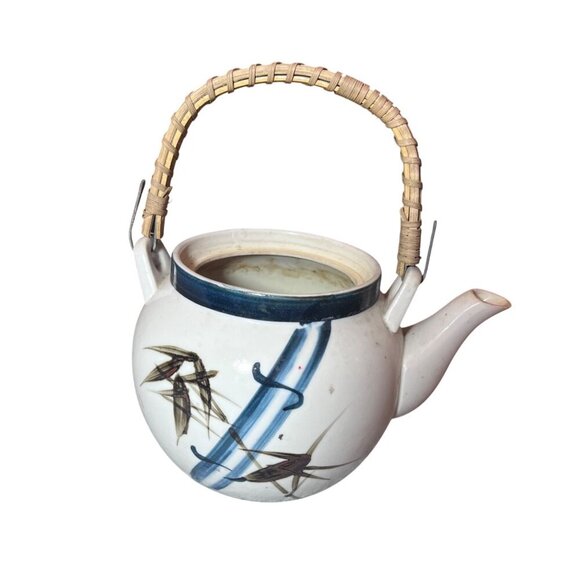 Vintage Japanese Ceramic Teapot With Bamboo Handle & Painted Bamboo Design - Picture 7 of 7